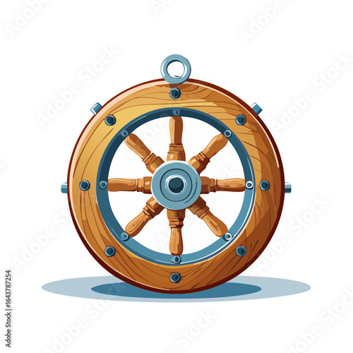 Wooden ship wheel with metal accents cartoon style against black background. Marine navigation equipment for steering boat, vessel.