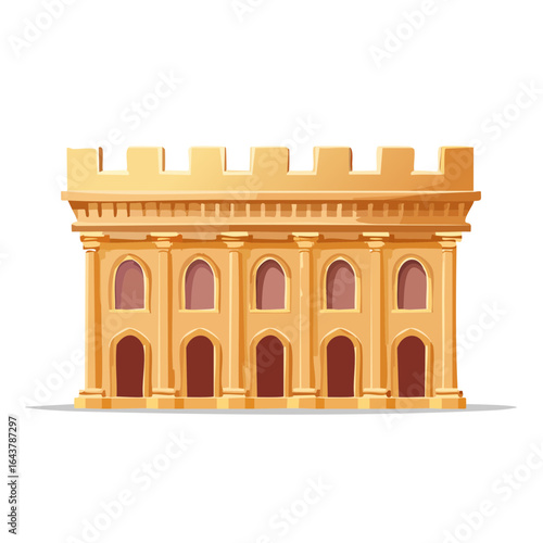 Cartoon sandstone building with arches and columns against a black background