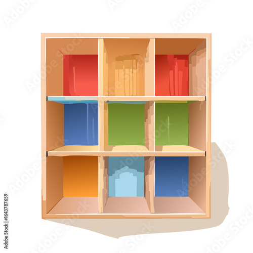 Stylized wooden bookshelf with colorful compartments for toys or storage