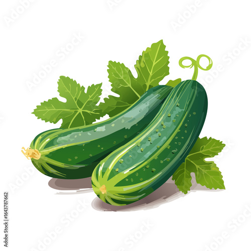 Two fresh cucumbers with green leaves. Organic, healthy vegetables for cooking and salads. Isolated on black.