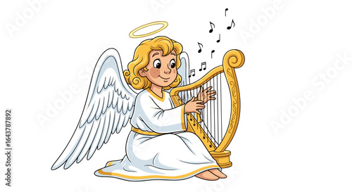 Joyful cartoon angel playing a golden harp serenading with heavenly music isolated on transparent background