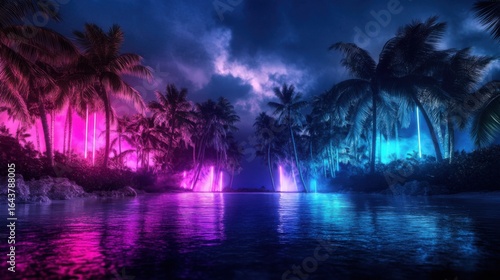 Miami Beach front City Background, Neon Colors
