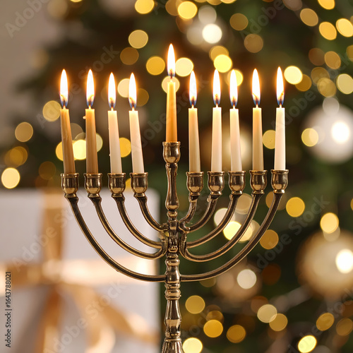 Menorah with lit candles symbol of celebration and religious holiday