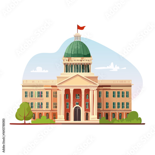 Government building with dome and flag in cartoon style, capitol illustration