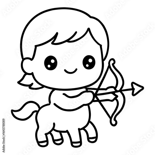 Cute cartoon centaur holding bow and arrow illustration in black and white line art