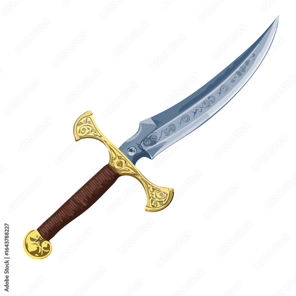 Obraz premium Ornate Curved Dagger with Gold Hilt and Brown Handle isolated on black background
