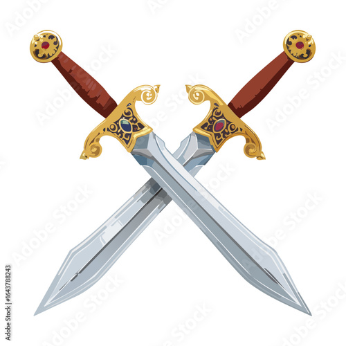 Ornate Crossed Swords Illustration on Black Background, Fantasy Blades with Gold Accents and Jewels, Medieval Weaponry Art