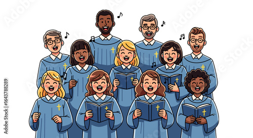 Joyful Mixed Race Church Choir Singing Hymns Together Isolated on Transparent Background