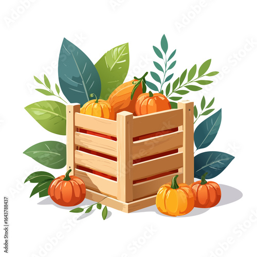 Pumpkins in wooden crate with autumn foliage illustration Harvest time food design Seasonal vegetables Thanksgiving Day or Halloween celebration theme