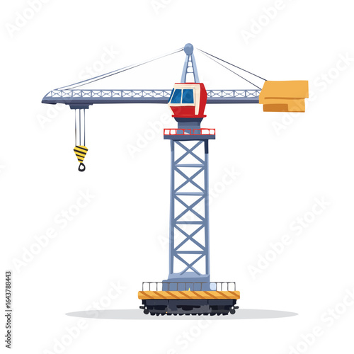 Cartoon crane lifting construction materials with hook and carriage.