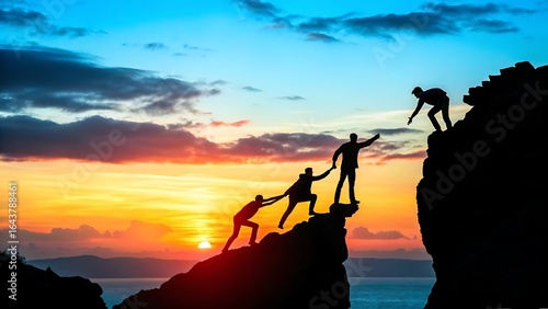 Silhouette of three men helping each other climb a rocky mountain at sunset, showcasing teamwork, support, and overcoming challenges; inspirational, motivational, and aspirational imagery for business
