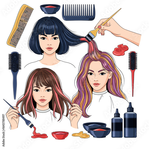 Hair coloring and dyeing process with tools for salon and home, showing women getting creative hairstyles