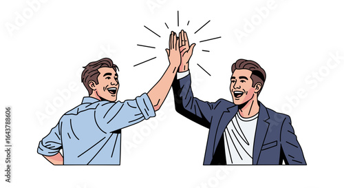 Two Happy Men Celebrating Success Giving High Five Isolated on Transparent Background