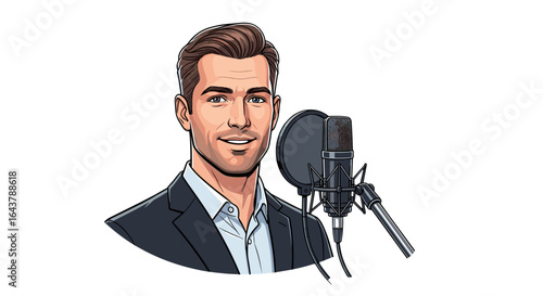 Professional Male Voice Actor Smiling Confidently Recording Audio in Studio with Pop Filter Isolated on Transparent Background