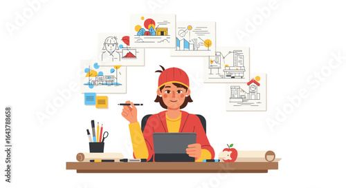 Creative Graphic Designer Brainstorming Ideas Working On Digital Tablet And Sketches Isolated On Transparent Background