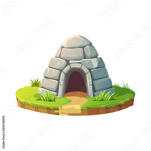 Stone Igloo Hut on Green Grassy Knoll, Fantasy Style Cartoon Illustration