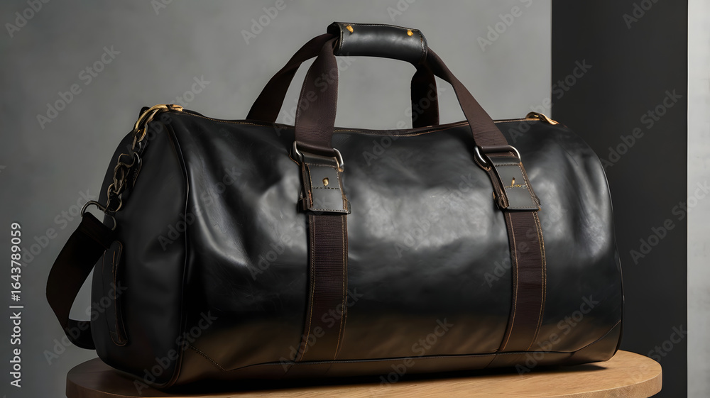 Stylish Black Leather Duffle Bag with Rich Brown Straps - Perfect for Travel and Gym Stylish Black Leather Duffle Bag with Rich Brown Straps - Perfect for Travel and Gym