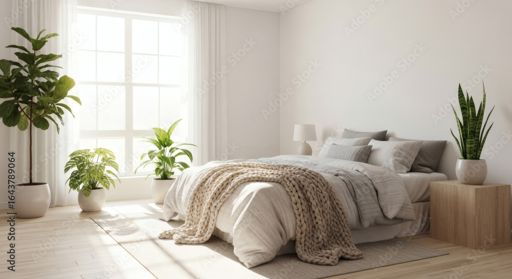 Fototapeta premium Bright and Airy Modern Bedroom Interior with Plants and Natural Light