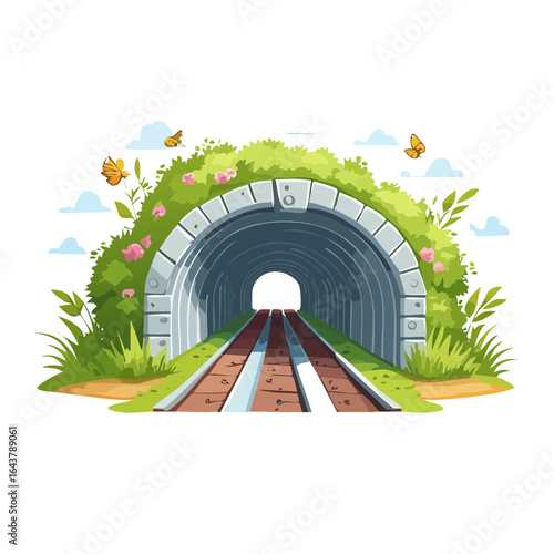 Railway tunnel overgrown with greenery and butterflies illustration for adventure travel journey concept cartoon style railway track