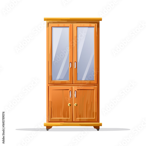 Illustration of a wooden cabinet with glass doors classic home furniture design vector cartoon style