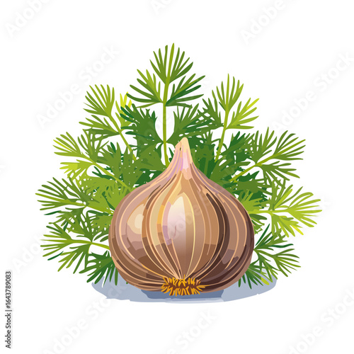 Garlic bulb illustration with fresh dill sprigs on black background Ingredient for cooking healthy food