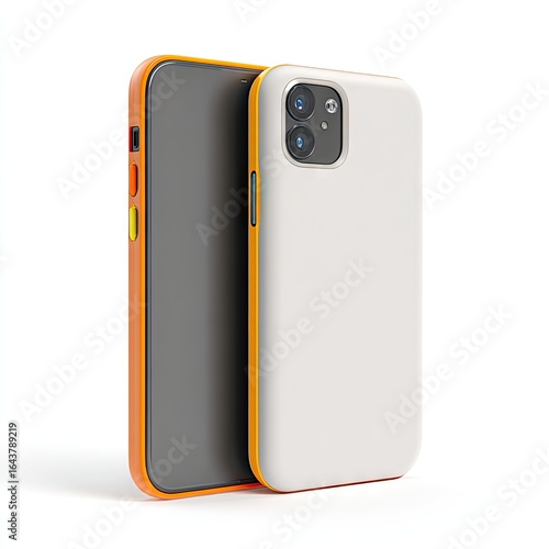 Off-white phone case with orange trim, shown alongside a dark gray smartphone with matching orange accents; both slightly angled on a white background