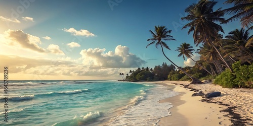 Fototapeta Naklejka Na Ścianę i Meble -  Serene Tropical Sunset: Vibrant ocean waves caress a pristine white sand beach, framed by lush palm trees silhouetted against a breathtaking golden sunset sky; idyllic paradise, tranquil escape