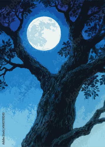Wood Big Tree In Moon Light Illustrator Artwork design template poster