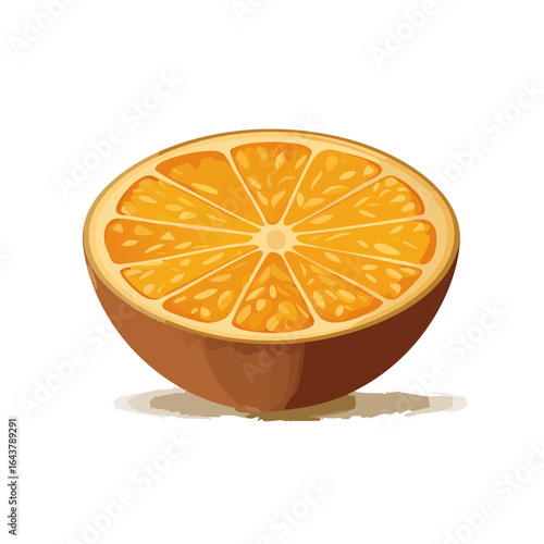Illustration of a halved orange fruit showing the segments and juicy interior isolated on a dark background.