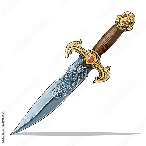 Decorative ornate dagger with gold, red gems, and etched silver blade on black