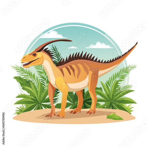 Parasaurolophus dinosaur illustration in prehistoric jungle landscape with tropical plants and blue sky