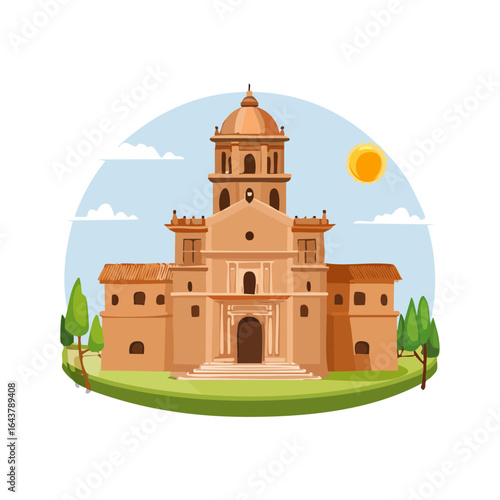 Illustration of a grand church facade with dome sunny skies and decorative lawn for tourism campaigns