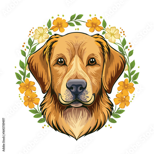 Golden Retriever Portrait Surrounded by Floral Wreath Graphic Design Illustration