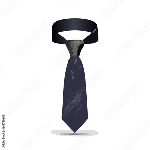 Isolated dark tie with white collar and shadow on black background. Business attire for men. Fashion and formalwear concept