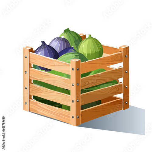 Crate of fresh vegetables illustration onions and zucchini Wooden box filled with farm harvest for market or recipe book