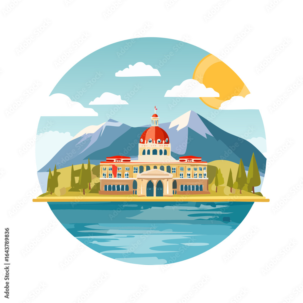 Obraz premium Government building with a red dome and blue water backdrop in cartoon style