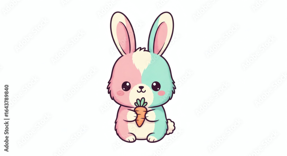 Fototapeta premium Cute Pastel Colored Bunny Rabbit Holding a Carrot Digital Illustration
