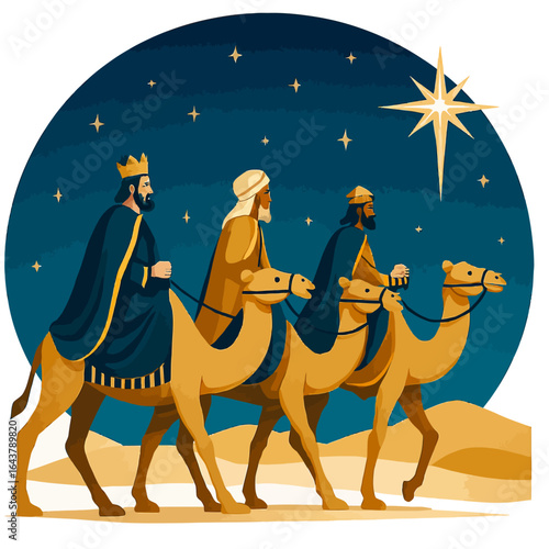 The Three Wise Men riding camels in the desert, following the star to Bethlehem on Epiphany, for a religious Christian holiday celebration
