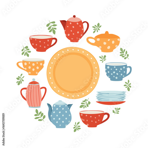 Teaware circle arrangement with plates, teapots, and cups on a black background