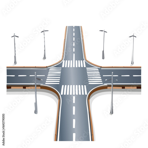 Four way road junction with crosswalks and streetlights urban design top view
