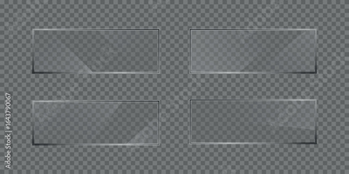 Flat glass plate banners. Realistic windows mockup. Set of mirror on transparent background. Light effect for a picture or a mirror. Clear glass showcase. 3d panel texture or clear window. 