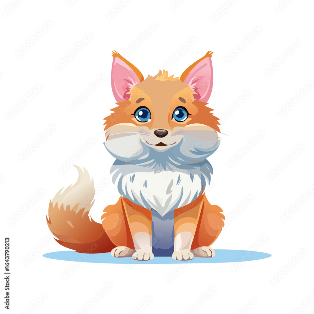 Fototapeta premium Cartoon fox character illustration Sitting red fox with blue eyes Vector graphic design for children book, educational cards, game asset
