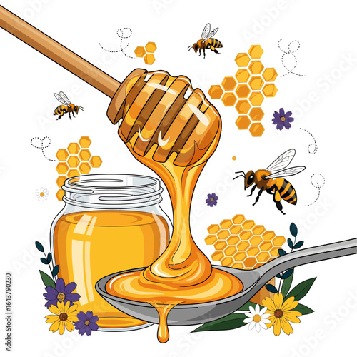 Honey dripping from a wooden dipper into a spoon with a glass jar, honeycomb, and bees, a sweet and natural food vector illustration