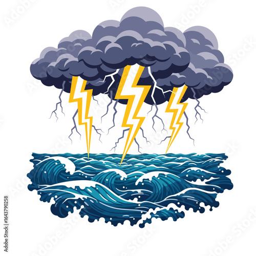 Thunderstorm with lightning strikes over a stormy and turbulent ocean, with dark clouds and big waves creating a dramatic scene