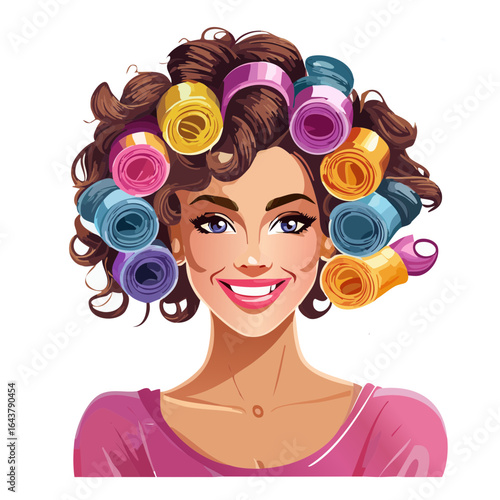 Smiling Woman with Colorful Hair Curlers Home Beauty Preparation Hairstyle Fashion
