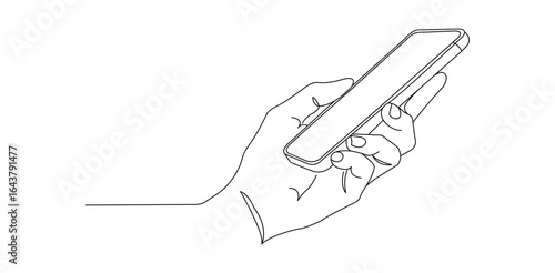 Smartphone outline drawing, minimal continuous single line art of a human hand holding a mobile phone for communication technology and digital device themed creative design projects

