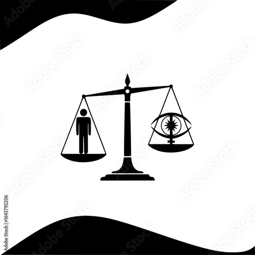 Scales of justice balancing a man and an eye symbol on black background  