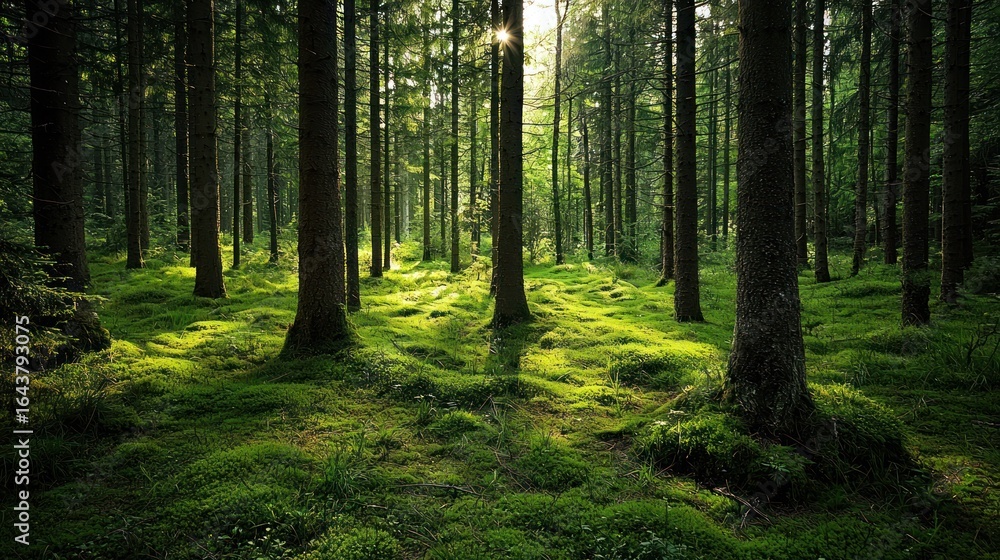 A serene forest scene with tall trees and green moss covering the ground. A serene forest scene with tall trees and green moss covering the ground.