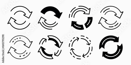 Collection of Circular Arrow Icons Illustrating Processes Like Recycling Reloading and Iteration
