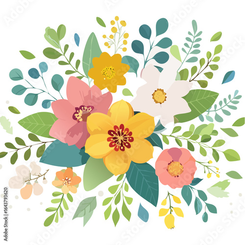 Floral blossom arrangement illustration with vibrant colors on black background. Great for weddings or spring designs.